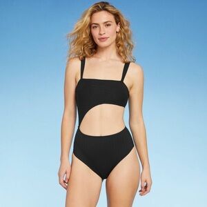 🌞SHADE & SHORE - Ribbed Cut Out One Piece Swimsuit in Black Size M